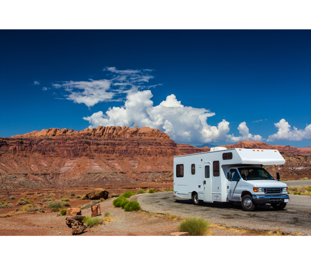 Motorhome parked in an open rocky landscape
