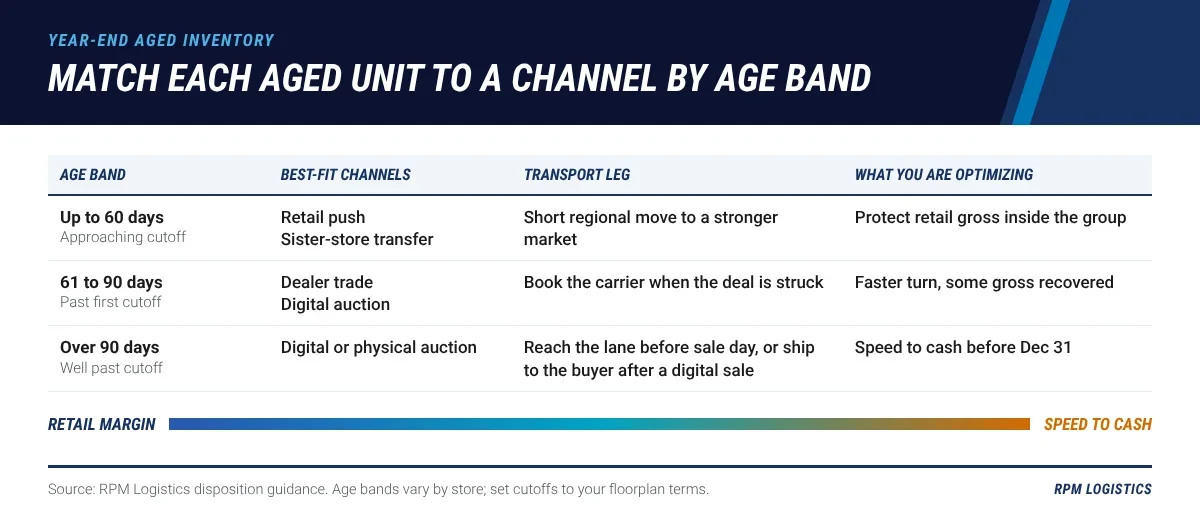 Decision grid matching aged dealer inventory to disposition channels by age band: retail push and sister-store transfer for units up to 60 days, dealer trade and digital auction for 61 to 90 days, and digital or physical auction for units over 90 days, with the transport leg each channel needs