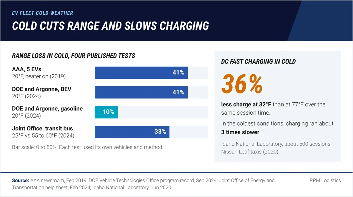 Four published cold-weather EV figures: AAA 41 percent average range loss at 20°F with heat on, DOE 41 percent BEV range loss versus 10 percent for gasoline vehicles at 20°F, Joint Office 33 percent electric transit bus range loss at 25°F, and Idaho National Laboratory 36 percent less charge after a fast-charge session at 32°F