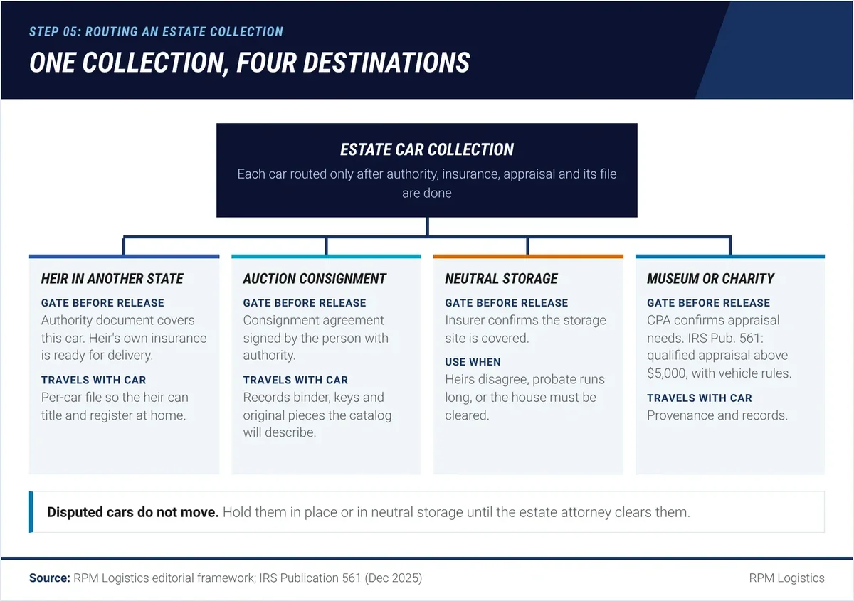 Diagram of one inherited car collection splitting to four destinations: an heir in another state, auction consignment, storage while the estate is open, and donation to a museum or charity, with what each destination needs before release