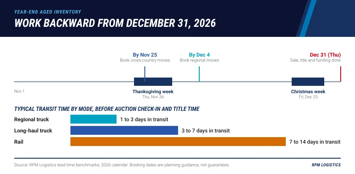 Backward timeline from Thursday December 31 2026 showing Thanksgiving November 26 and Christmas December 25, with last safe ship windows for regional truck moves of 1 to 3 days, long-haul truck moves of 3 to 7 days and rail of 7 to 14 days